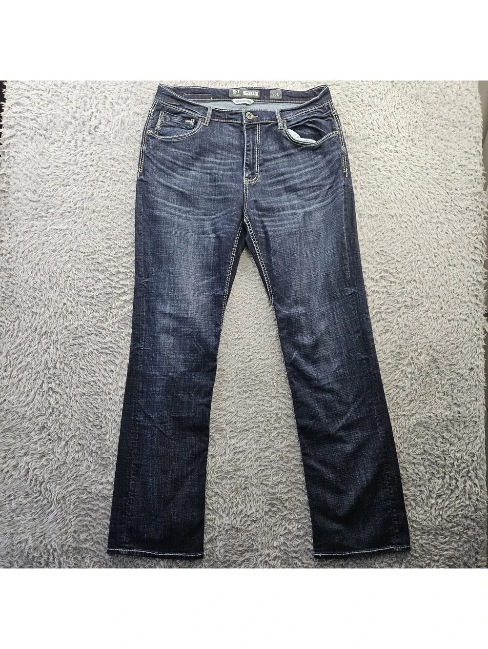 BKE TYLER Jeans Men Straight Leg 36L (Fits 36x34) Whiskering Fades Stretch Denim